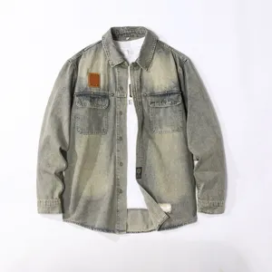 Men's vintage washed green denim jacket casual long sleeve workwear outerwear with inner tee