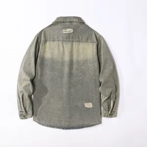 Men Casual Long Sleeve Denim Shirt Vintage Workwear Jacket Oversized Spring Fall Top
