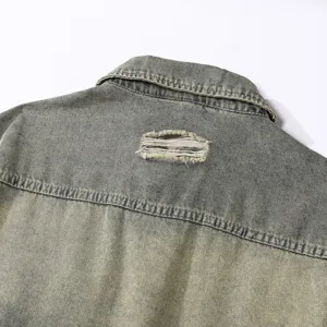 Men's vintage washed distressed denim jacket back view, casual long sleeve outerwear.