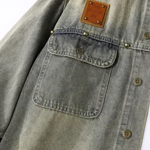 Men's vintage washed denim utility jacket, casual long sleeve shirt coat with chest pocket details.