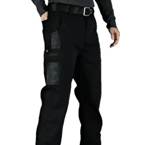 Men outdoor multi-pocket cargo pants wear-resistant straight tactical casual trousers black