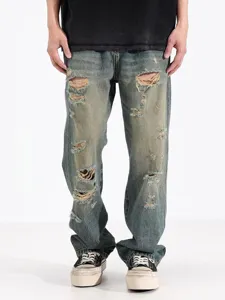 Jeans denim homme coupe droite ample use vintage lave pantalon streetwear casual style