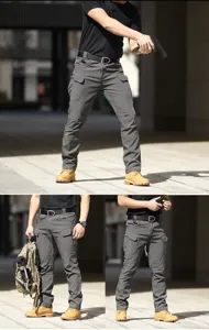 Tactical cargo pants detail view, multi-pocket design, durable material for outdoor hiking.
