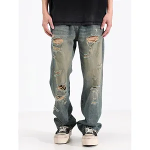 Jean Denim Ample Droit Décontracté pour Hommes Pantalon Streetwear Vintage Lavé Mode Jeune