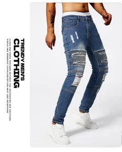 Men's slim-fit ripped jeans, blue stretchy denim trousers for casual daily streetwear look.
