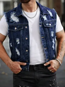 Men's distressed dark blue denim vest jacket detail shot, stylish sleeveless casual outerwear.