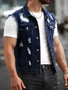 Detailed view of men's distressed blue denim vest with lapel and ripped design for street style.
