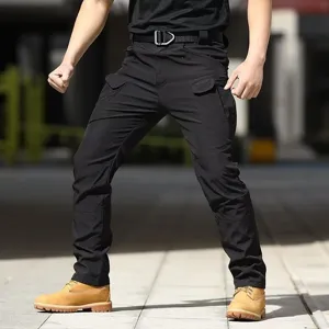 Men's black tactical cargo pants multi-pocket outdoor hiking trekking trousers durable.
