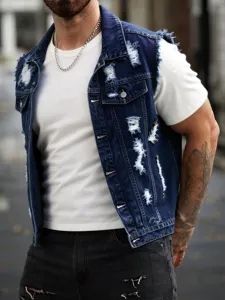 Men's dark blue distressed sleeveless denim jacket vest high street casual outerwear detail