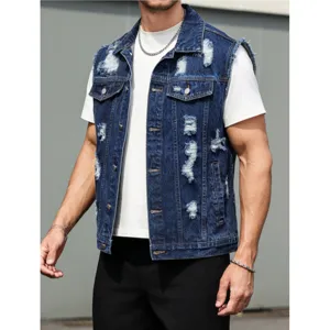Men distressed denim vest high street sleeveless jacket casual blue outerwear for men fashion