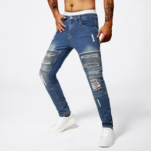Men slim fit distressed blue jeans casual stretch denim biker pants fashionable trousers