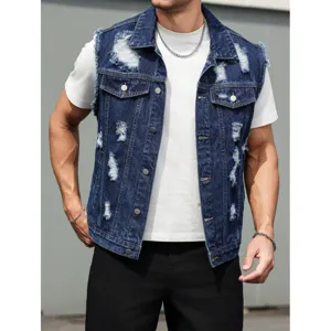 Men's distressed denim vest casual sleeveless jacket high street fashion blue outerwear top