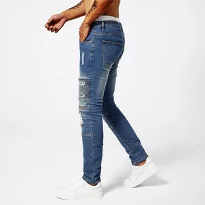 Men's blue ripped skinny stretch jeans, slim fit casual denim pants for stylish daily wear.