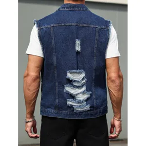 Men's blue ripped denim vest casual high street sleeveless jacket stylish streetwear summer