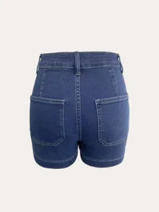 Shorts di jeans elasticizzati a vita alta da donna vista posteriore, blu scuro estivi.