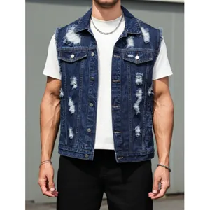 Men's Distressed Blue Denim Vest Casual Sleeveless Denim Jacket Streetwear Outerwear