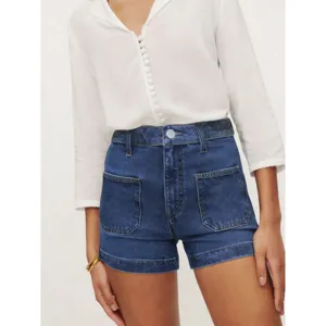 Pantaloncini in Denim a Vita Alta da Donna Casual Blu Lavato Jean Bottoms In Misto Cotone Elasticizzato Pantaloncini Alla Moda