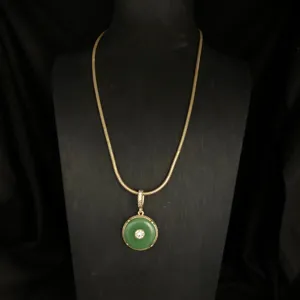 Vintage retro style green stone peace buckle pendant necklace with rhinestone copper chain.