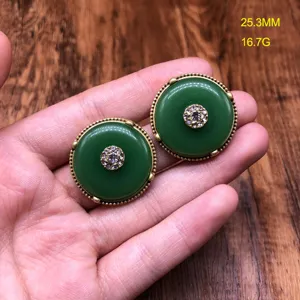 Vintage Green Jade Safety Buckle Earrings Rhinestone Antique Bronze Jewelry For Women
