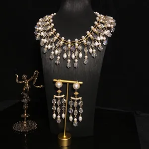 Vintage Crystal Glass Pearl Tassel Necklace Earrings Set Gold Plated Elegant Fashion Jewelry Gift for Women