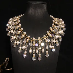 Vintage style multi-layer crystal pearl tassel necklace detail showcase, elegant design.