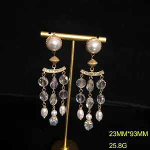 Vintage style multi-strand crystal pearl dangle earrings elegant gold tone jewelry for women