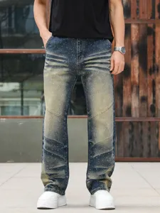 Men's Rhinestone Embellished Loose Straight Denim Jeans Heavy Wash Blue Casual Pants