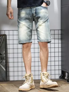 Men's Casual Denim Shorts Summer Patchwork Slim Fit Straight Mid Waist Five-Point Shorts Fashion Streetwear Pants