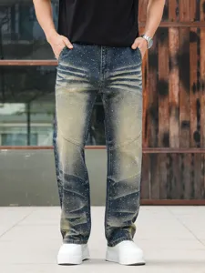 Men's loose straight-leg rhinestone distressed denim jeans, heavy wash casual trousers.