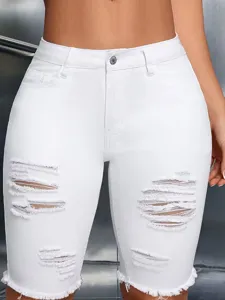 Short en jean dechire taille haute blanc pour femme ourlet effoche coupe slim tendance ete
