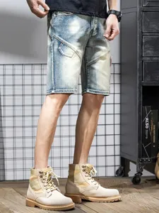 Men's summer denim shorts casual patchwork slim fit five-quarter trendy denim shorts detail view