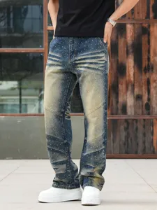 Men Loose Straight Leg Jeans Heavyweight Washed Denim Trousers With Rhinestones Hip Hop Streetwear Casual Pants