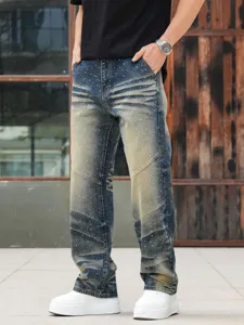 Men's loose straight rhinestone denim jeans, heavy wash mud blue street fashion style.