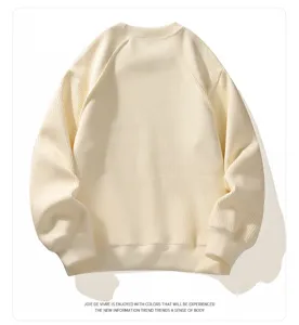 Details of mens waffle knit crewneck sweatshirt, casual solid color pullover long sleeve top.