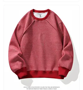 Men's waffle knit casual crewneck pullover sweatshirt in red autumn long sleeve top