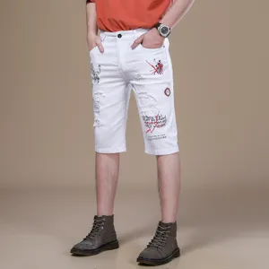 Men's Casual Denim Shorts Slim Fit White Distressed Shorts With Embroidery And Graffiti Print Summer Streetwear