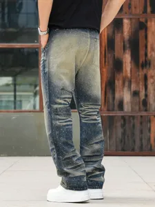 Men rhinestone washed denim jeans loose straight fit heavy wash streetwear blue trousers