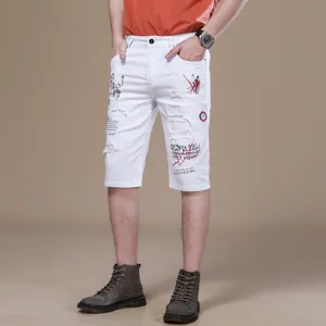 Men's white denim shorts slim fit casual five quarter pants with cool embroidery and print design