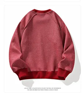 Red waffle knit crewneck sweatshirt detail view, casual long sleeve pullover for men.