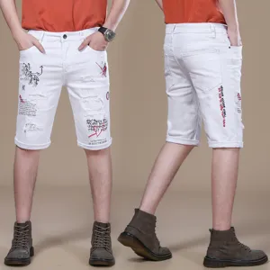 Men's white denim shorts summer casual slim fit embroidered printed five-point trousers