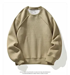 Men casual waffle knit crewneck sweater long sleeve pullover khaki top fall winter