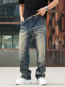 Men's loose straight fit rhinestone denim jeans vintage washed streetwear trousers