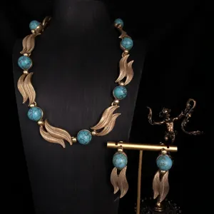 Vintage turquoise necklace earrings set, retro gold leaf jewelry for women fashion style.