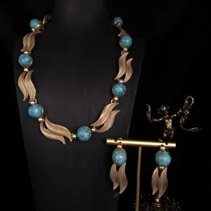 Vintage Metal Leaf Turquoise Necklace And Earrings Set Retro Alloy Natural Stone Jewelry Gift For Women