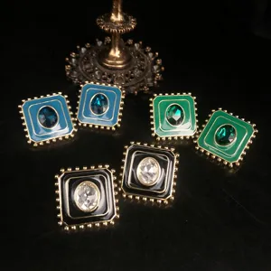 Boucles d'Oreilles Clous Strass Émail Géométrique Style Rétro Cour Tige en Argent Sterling 925 Noir Vert Bleu Bijoux pour Femmes