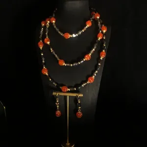 Vintage Lange Perlenkette Und Passende Ohrringe Set Kürbis Glasperle Pullover Kette Mode Schmuck Für Damen