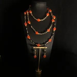 Vintage Kuerbis Glasperlen lange Halskette Set mit Ohrringen, elegante Pulloverkette Damen.