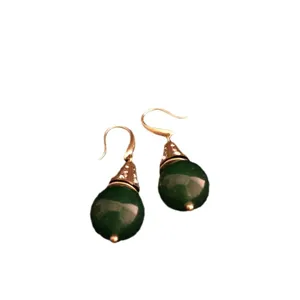 Vintage green agate gemstone drop earrings with rhinestone gold hooks for women