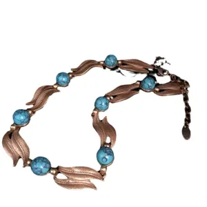 Vintage bronze leaf and turquoise bead statement necklace for women elegant jewelry
