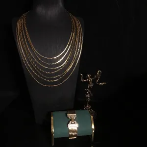 Detailed shot of multi-strand gold-plated chain necklace and rhinestone bracelet set.